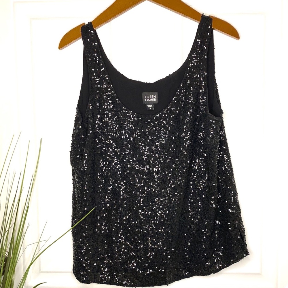 EILEEN FISHER Black Sparkle Silk Tank Top Small